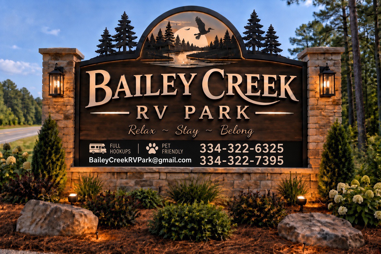 Bailey Creek RV Park entrance sign, stone pillars with a carved scene of pines, a river, and a heron in flight